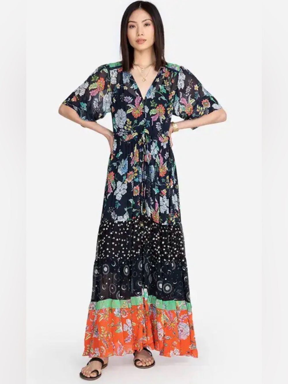 Johnny Was Narciso Mixed Maxi Dress Women's Size Small Short Sleeve Boho NO SLIP